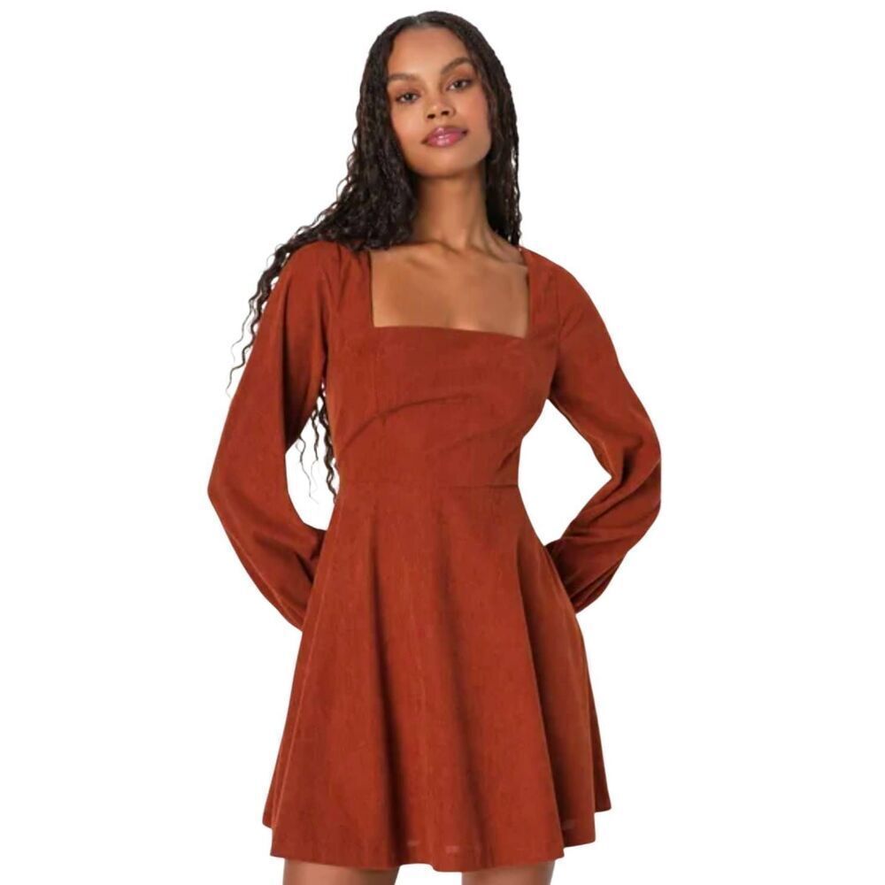 Lulu's Women's Rust Poly/Spandex Mini Corduroy Square Neck Long Sleeves Circle S
